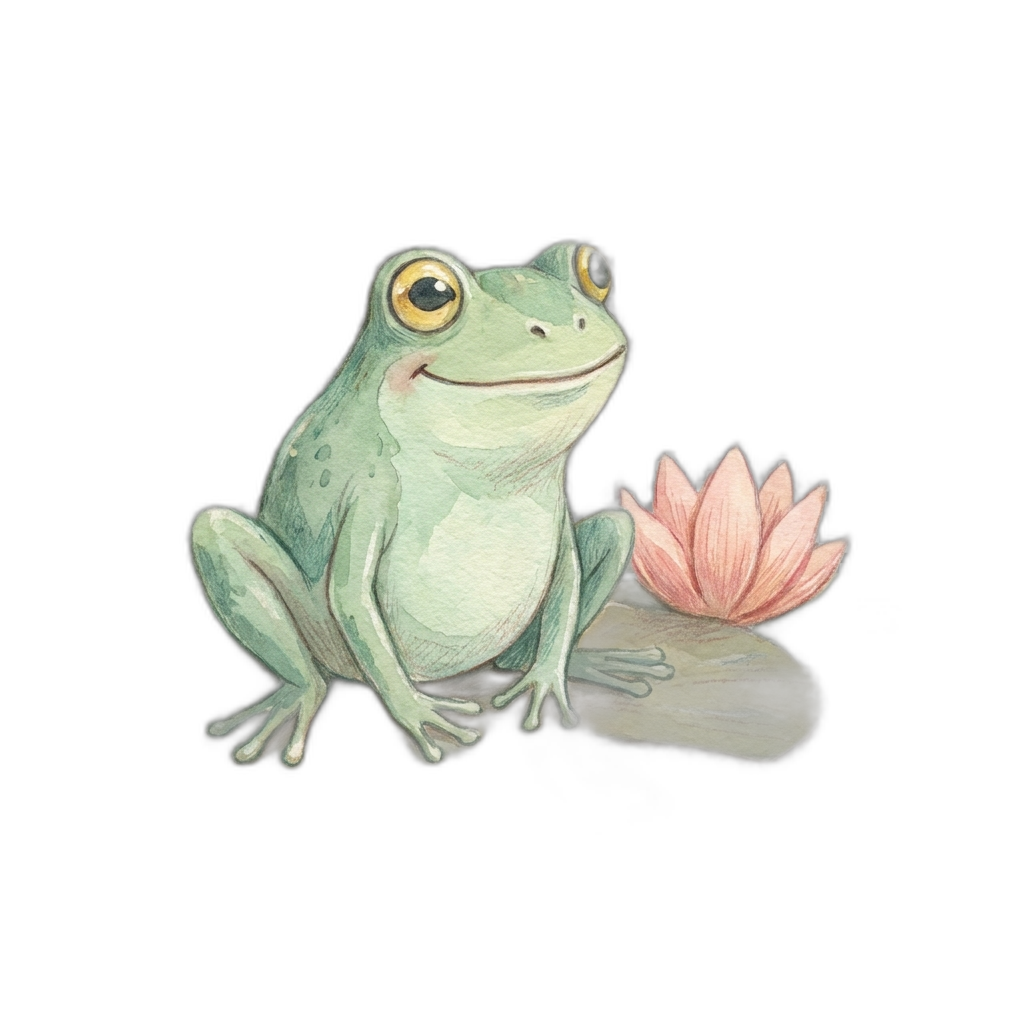 A small watercolor frog sitting on a lily pad with a lotus flower